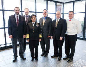 VCNO ADM Michelle Howard with fellow classmates (l to r): Dave Balk (20), Tim Galpin (1), Michelle, Paul Healy (11), Pat Madden (15) and Mark LoPresto (20). Other ’82 classmates who work at APL but could not make it to the photo include Bob Evans (35), Joe Welter (20) and Bill Druce (20).